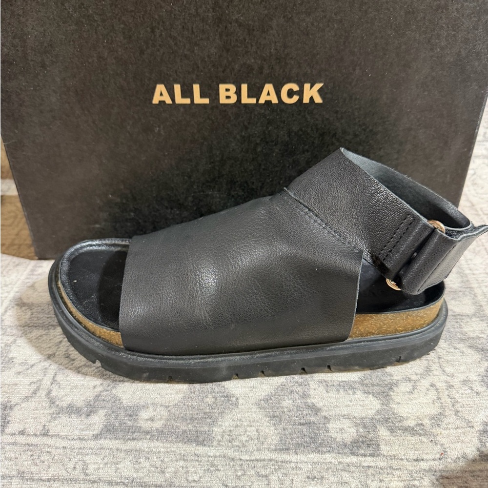 All Black Women's Black Leather Slide Sandal with Back Strap